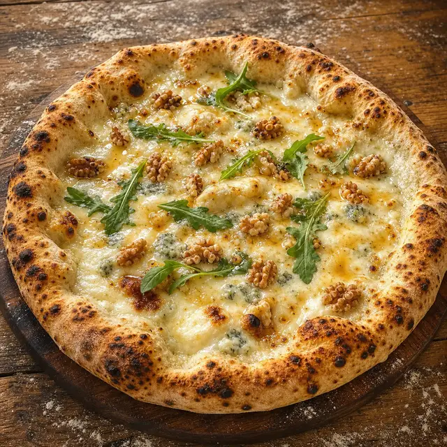 Bianca Noci frisch aus dem Holzofen, belegt mit Gorgonzola, Fior di Latte, Walnüsse, Honig, Rucola