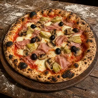 Capricciosa frisch aus dem Ofen, belegt mit Kochschinken, Champignons, Artischocken, Schwarze Oliven