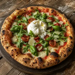 Estiva frisch aus dem Ofen, belegt mit Kirschtomaten, Burrata, Rucola, Parmesanspäne, Basilikum