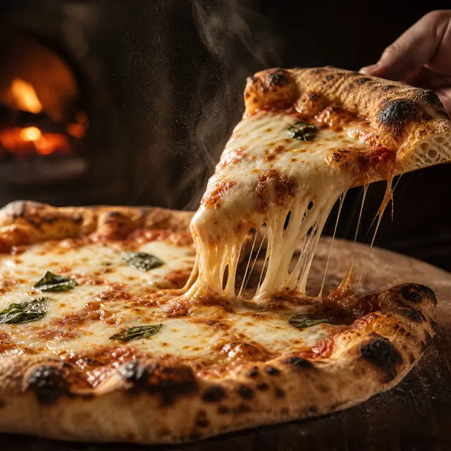 Ein Stueck Pizza wird abgehoben, der Kaese zieht Faeden vor dem Ofen