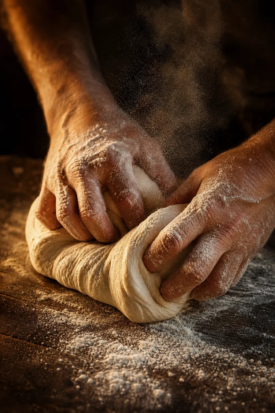 Von Hand gekneteter Pizzateig auf einer bemehlten Arbeitsfläche
