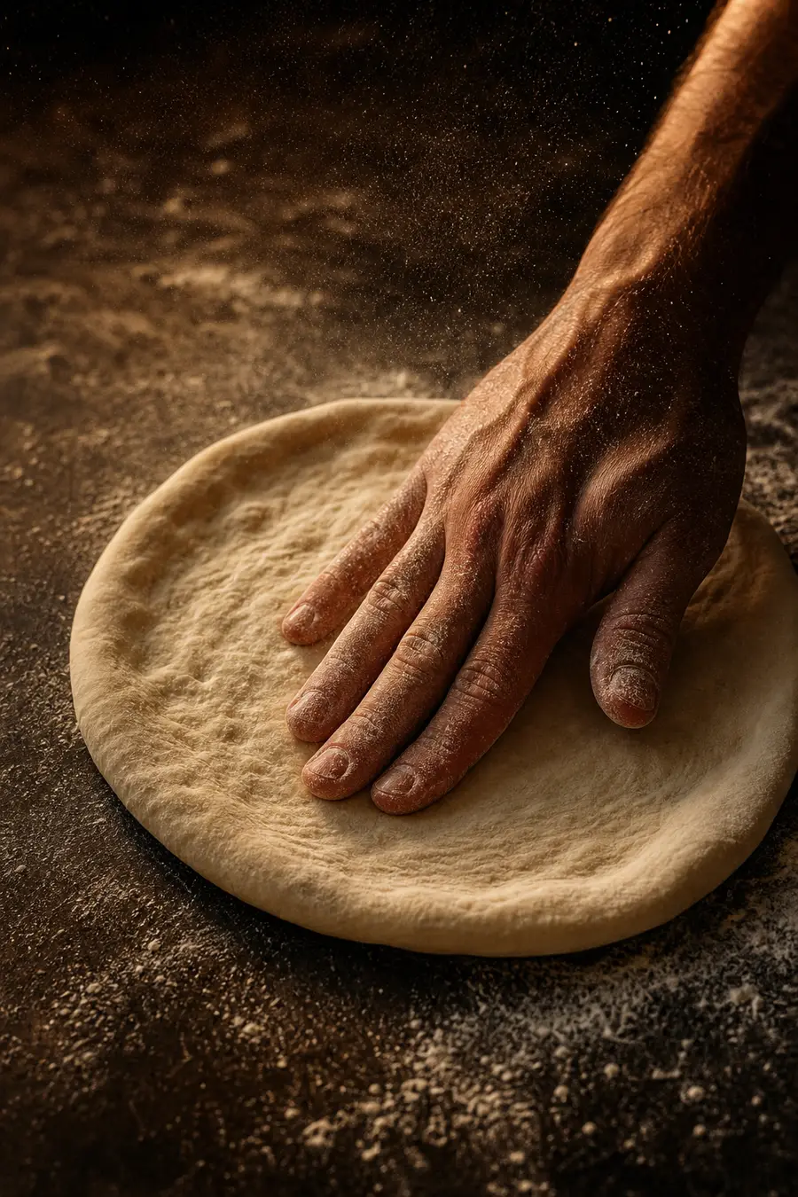Teig, der in der Hand Form annimmt, Mehl in der Luft.