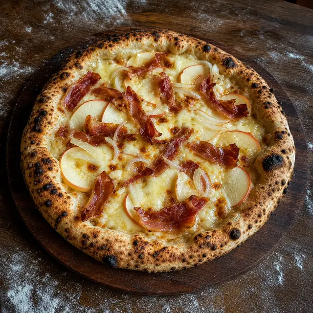 Pizza Klettgauer Herbst, Apfel, Speck und Bergkäse, frisch aus dem Ofen