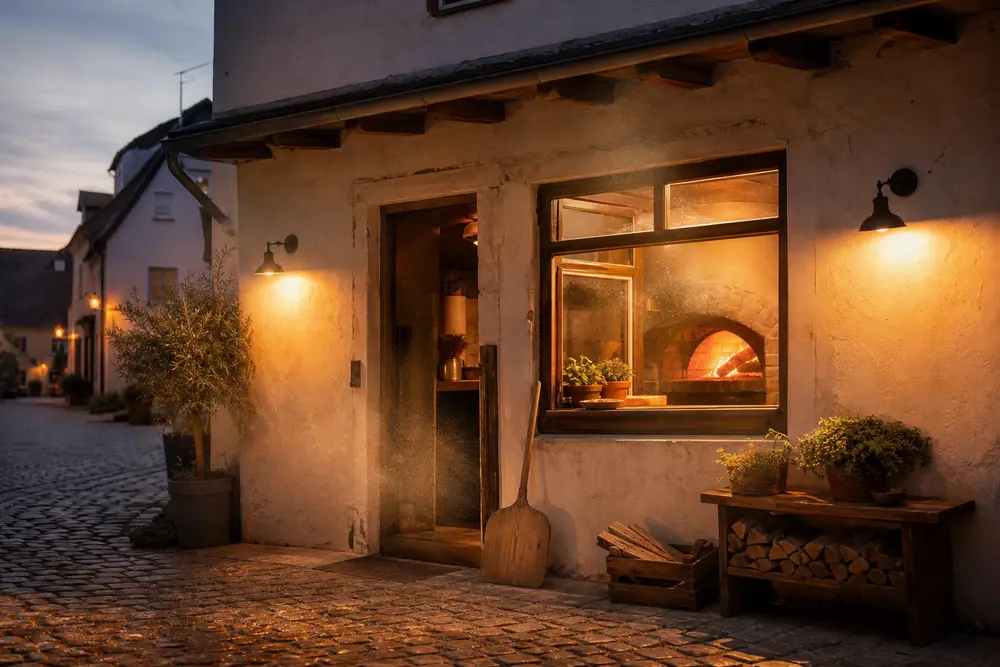 Aussenansicht einer gemütlichen Pizzeria in Erzingen bei Abenddämmerung