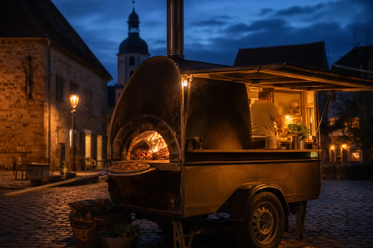 Pizzamobil mit Holzofen bei Blauer Stunde, Feuerschein im Fenster