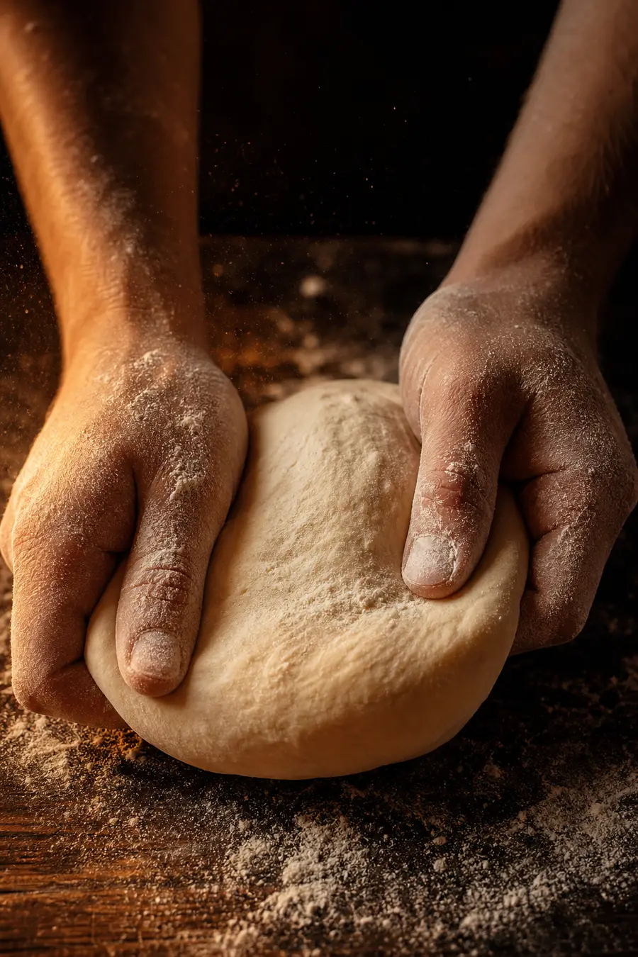 Zwei bemehlte Hände formen einen Pizzateig, Mehlstaub in der Luft